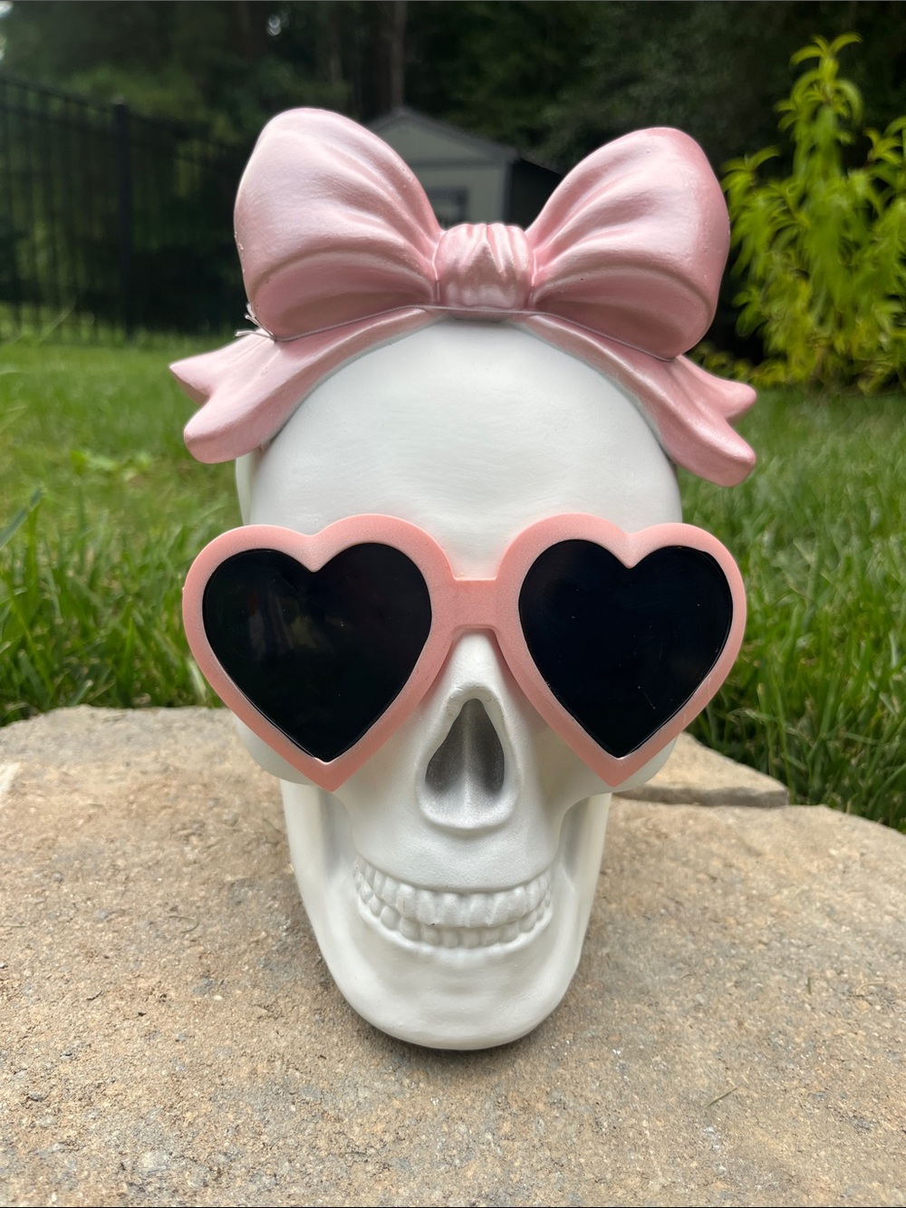 White Skull Decor with Pink Bow and Heart Sunglasses